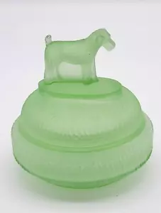 L.E. Smith "STANDING TERRIER" Frosted Green Satin 1930's Glass Powder Jar Antiqu - Picture 1 of 7