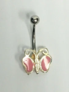 BELLY BUTTON RING - Pink Butterfly Silver NEW! Surgical Steel 1" Long, NICE! - Picture 1 of 3
