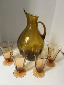 BLENKO ART GLASS PITCHER With 4 Glasses Amber~OPTIC PANEL WAVE~13" Hand Blown - Picture 1 of 7
