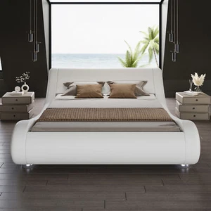 Full Deluxe Low Profile Sleigh Bed with Faux Leather Ergonomics Headboard,White - Picture 1 of 9
