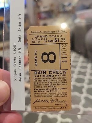 1951 年 4/30 道奇队对巨人队 Ebbets Field 门票存根 Jackie Robinson HR Snider — 第 1/4 张图片