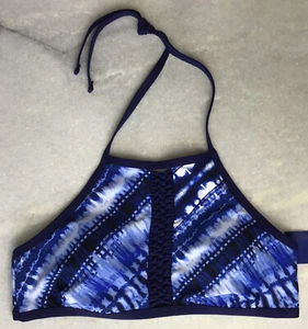 NWT Women’s LARGE 12/14 BOHO Crochet Halter High Neck Crop Bikini Swim Top Blue - Picture 1 of 10