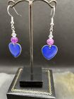 925 Sterling Silver Blue Heart & Purple Bead Crystal Drop Earrings Enamel