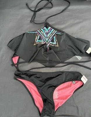 NWT Victoria's Secret PINK Bikini~Black Sequin Flounce Halter~Cheeky Bottom~Sz S - Image 1 of 4