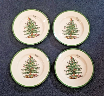 Juego de 4 platos de cena Spode árbol de Navidad bordes verdes 10" redondos multicolor 1938 Foto 1 de 4