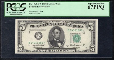 FR. 1963-B* 1950-B $5 *STAR* FEDERAL RESERVE NOTE NEW YORK,NY PCGS GEM UNC-67PPQ - Image 1 of 2