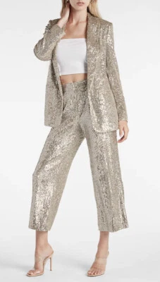 Pantalón Express Champagne Lentejuelas Tiro Alto Plisado Recortado Talla XS Fiesta Nuevo Foto 1 de 4