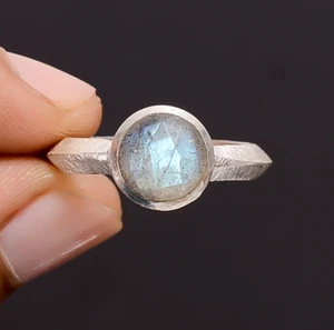 Natural Labradorite Faceted Gemstone Matte Finish 925 Solid Silver Unisex Ring 8 - Picture 1 of 11