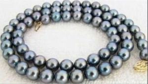 18"8-9MM TAHITIAN GENUINE BLACK PEACOCK GREEN PEARL NECKLACE ROUND AA - Picture 1 of 1