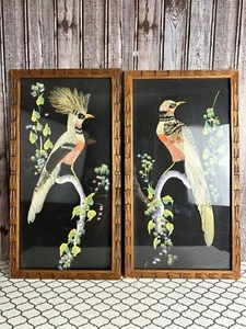 2 ~ Vintage Mexican Feather Craft Fold Art Pictures in Hand-Carved Frame - Picture 1 of 14