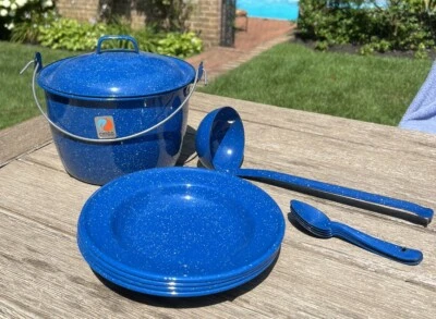 Vintage Blue Speckled Enamelware Chili Set Pot Bowls Spoons Cowboy Camping MEX - Image 1 of 4