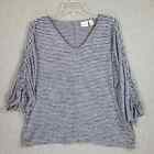 Chico's Baja Striped Tee 2 Large Blue Whit Cinched Tie 3/4 Sleeve