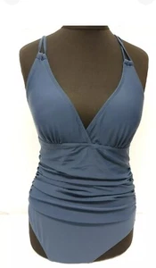 Damen Badeanzug Einteiler V-Ausschnitt Bauchkontrolle Rüschen Blau Gr. L | (REF 2/182) - Bild 1 von 5