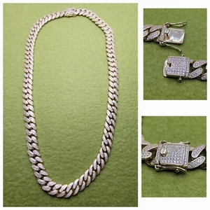 925 Silver CZ Diamond Miami Cuban Link Necklace 24” 13mm 170g (14k Gold over 925 - Picture 1 of 15