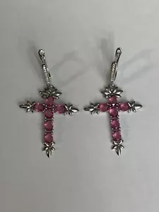 Classic Long Cross Shape Pink Tourmaline CZ Silver Plated Earrings-E70067 - Picture 1 of 2