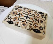 Vtg White Marble w/ Mother of Pearl Inlaid Multicolor Flowers Trinket Box- READ