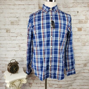 NWT Nautica Mens Size L Limoges Blue Plaid Long Sleeve Button Down Shirt Cotton - Picture 1 of 12