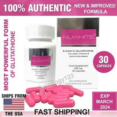 AUTHENTIC NUWHITE WHITENING S-ACETYL GLUTATHIONE COLLAGEN LIGHTENING 30 CAPSULES
