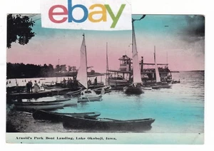 1910 ARNOLDS PARK IOWA LAKE OKOBOJI SAILBOAT DOCK STEAMSHIP VINTAGE POSTCARD IA - Picture 1 of 2
