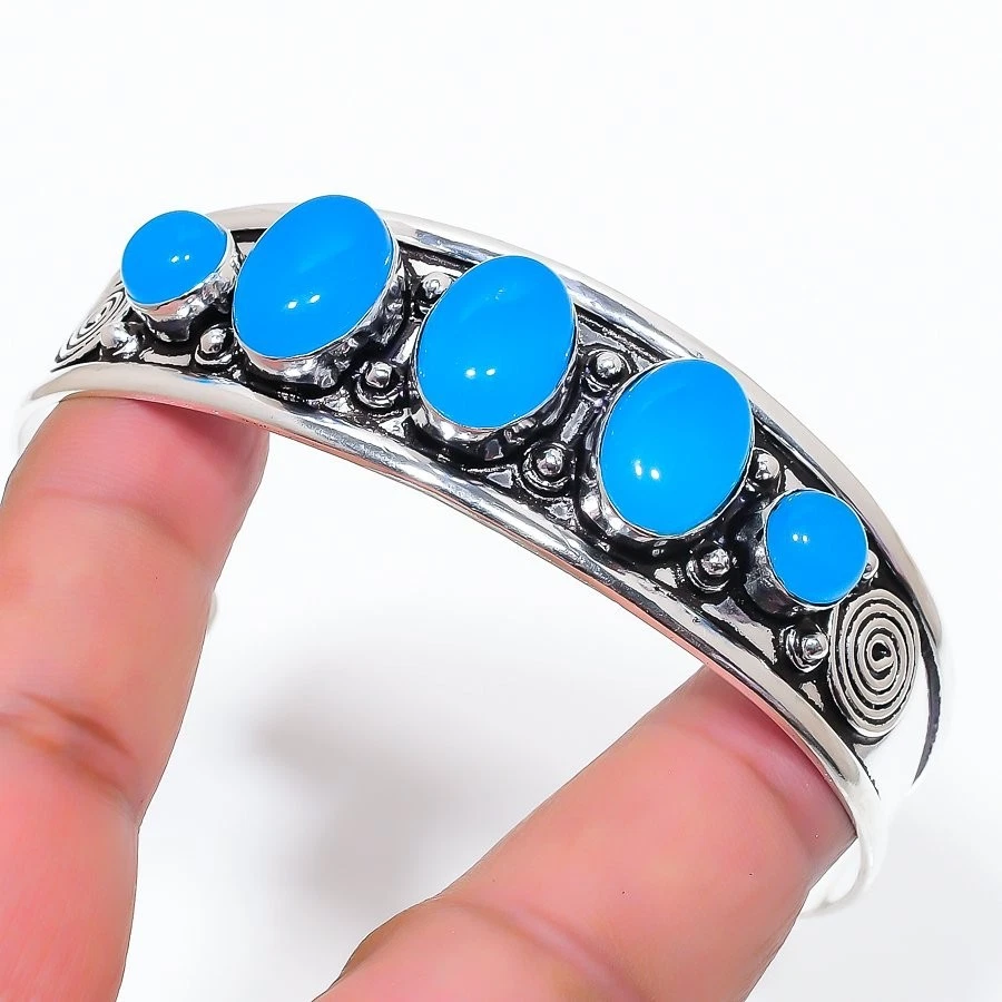 Blue Chalcedony Gemstone Handmade 925 Sterling silver Cuff Bracelet Adjustable - Image 1 of 1