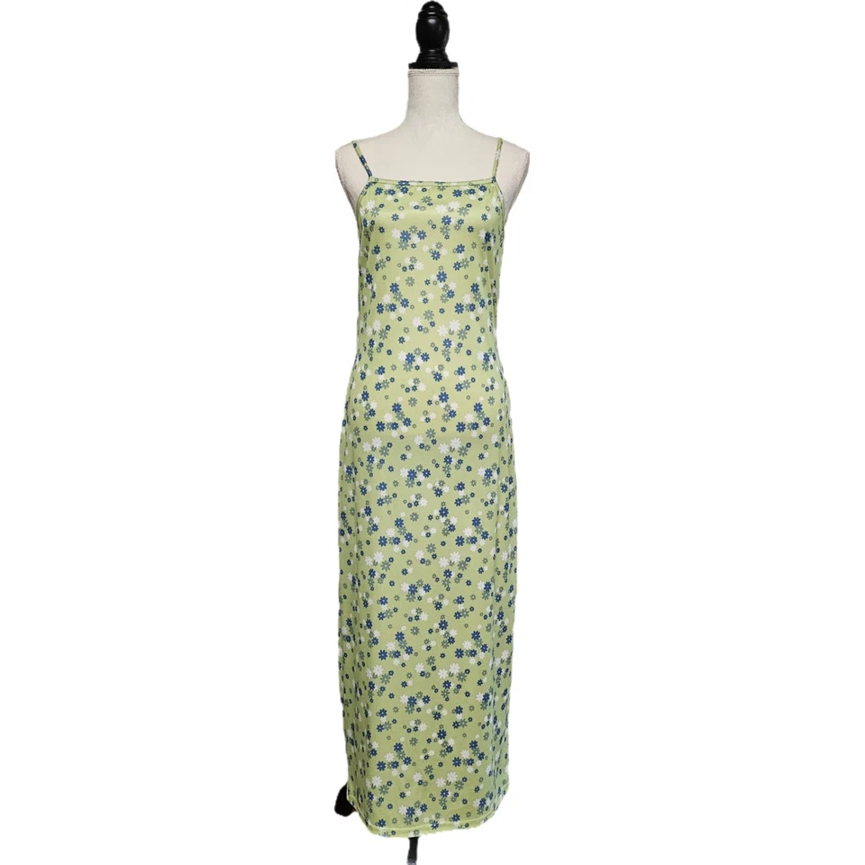 Vintage 90s Y2K Aqua Blues Lime Green Floral Maxi Dress Sz L Flower Power Hippie - Image 1 of 4