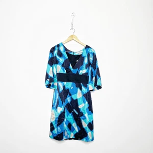 Trina Turk Blue Geometric Print Day Shift Dress Silk Kimono sleeve Womens 6 - Picture 1 of 6