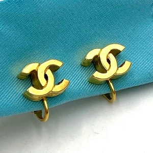 CHANEL Vintage Coco Mark Clip-On Earrings Gold Tone Small Logo Design - Picture 1 of 8