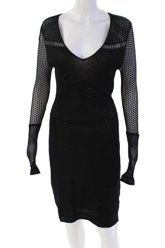 Vestido Catherine Malandrino para mujer tejido abierto manga larga cuello en V negro talla pequeña Foto 1 de 4