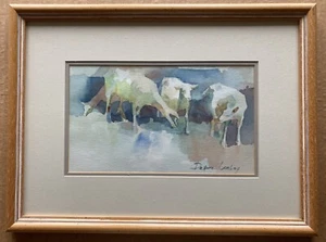 "Acuarela vintage firmada por Deanne Lemley - terneros en primavera - marco 14""x18""" - Imagen 1 de 13
