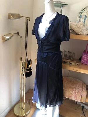 Blusa recortada de seda Miu Miu Y2K falda cinta lateral traje diseñador azul marino talla 38 Foto 1 de 4