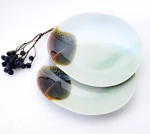 2er Set Japan Handgefertigte Teller Oval Naturglasur Weiß Seladon Braun Seto ... - Bild 1 von 16