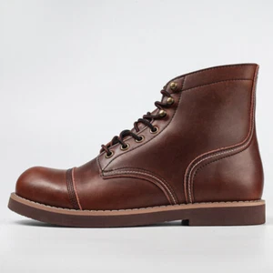 Botas de trabajo vintage de cuero de vaca para hombre de caña alta punta redonda con cordones botas al tobillo al aire libre - Imagen 1 de 13