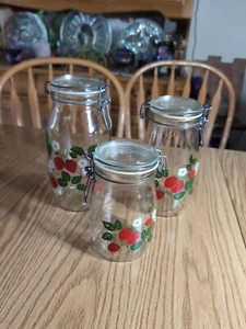 Lot Of 3 Vintage Carlton Hermetic Glass Strawberry Canisters W/ Clasp Lock Lids - Picture 1 of 14