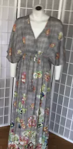 Weltmarkt Heidegrau Blumenmuster V-Ausschnitt Dolman Boho Maxikleid S/M - Bild 1 von 14