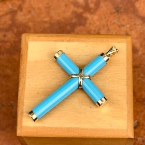 14KT Yellow Gold Turquoise Genuine Gemstone Detailed Cross Pendant Charm 40mm - Picture 1 of 7