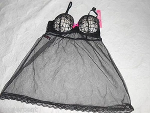 BLACK FUCHSIA NIGHTIE INTIMATES LINGERIE BLACK SHEER NWT!  M PADDED BRA - Picture 1 of 4