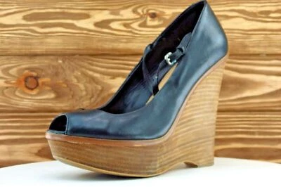 Zara Talla 40 M Negro Punta Abierta Cuña Cuero Mujer Foto 1 de 4