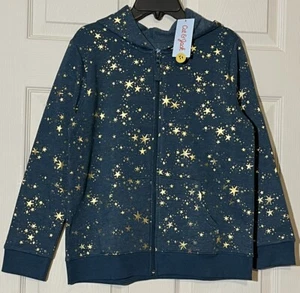 Cat & Jack Girls Zip Up Fleece Hoodie Jacket Sz L 10/12 Plus Teal Green W/Stars - Picture 1 of 2