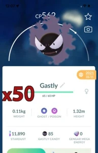 50x Gastly Pokemon Bundle !! Good Chance of Lucky and Good IVs !! Go - Picture 1 of 1