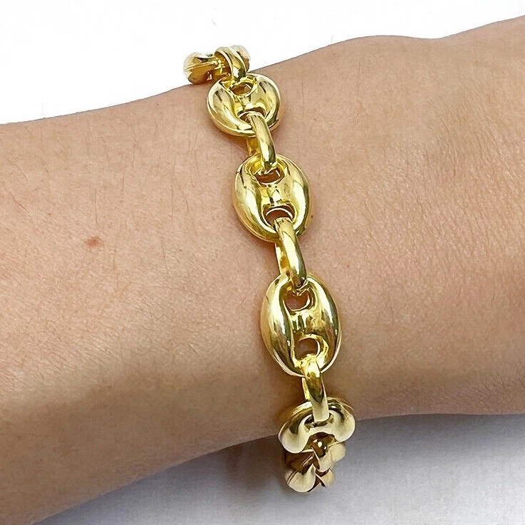 18K Yellow Gold Over Silver 9mm Puffed Anchor Mariner Bracelet Solid 7.5"-9.25" - Image 1 of 4