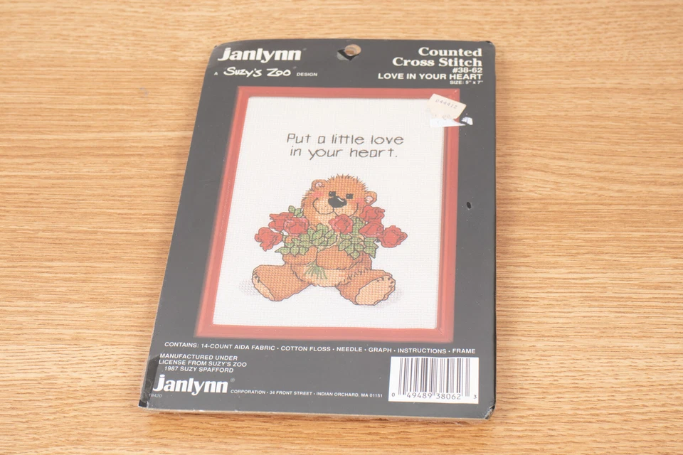 Janlynn Counted Cross Stitch Suzy's Zoo Love in Your Heart 1987 W/ Frame 5x7