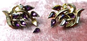 CROWN TRIFARI PAT. PEND PHILIPPE CLIP ON EARRINGS PURPLE STONES AS IS VINTAGE - Picture 1 of 10
