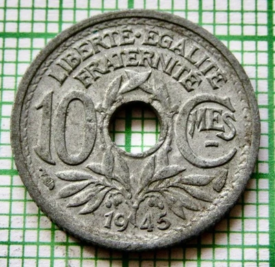 FRANCIA Gobierno Provisional 1945 10 CÉNTIMOS, post-Sei Guerra Mundial, tipo pequeño ZINC Foto 1 de 4