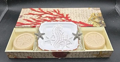 Mudpie Seahorse Soap Dish Silver Starfish & Antique Style White w/Brown 6" Soap - Image 1 of 4