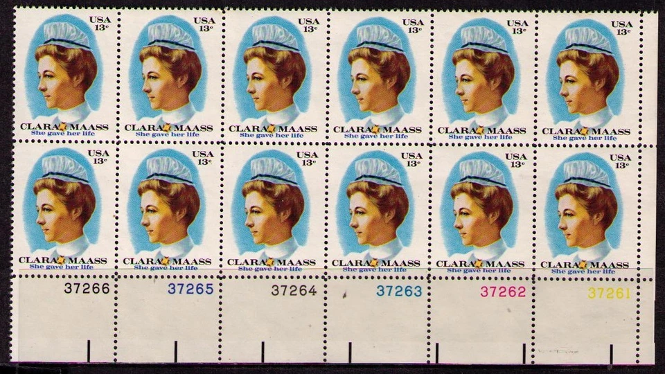 US USA Sc# 1699 MNH FVF PLATE# BLOCK Clara Maass Nurse Yellow Fever - Image 1 of 1