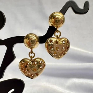 PENDIENTES COLGANTES ORO AMARILLO 14K - ESTRELLA PERFORADA CORAZÓN HINCHADO - Imagen 1 de 6