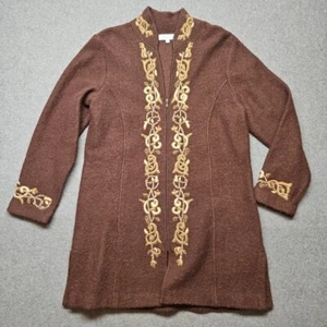 Coldwater Creek Full Zip Sweater XL Brown Gold Leaf Tunic Embroidered READ - Picture 1 of 8