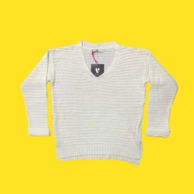 V BY VERY Ribbed Jumper in V Neckline, Dip Hemline, Ivory, UK 12 - Image 1 of 4