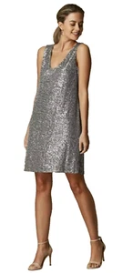 RRP £42 ❤️ Wallis Silver Sequin Sleeveless Lined Shift Dress - Size 14 Petite - Picture 1 of 6