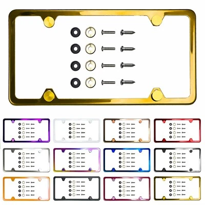Car Truck License plate frame Stainless Steel with Metal screw caps 4 Hole Slim - Image 1 of 4